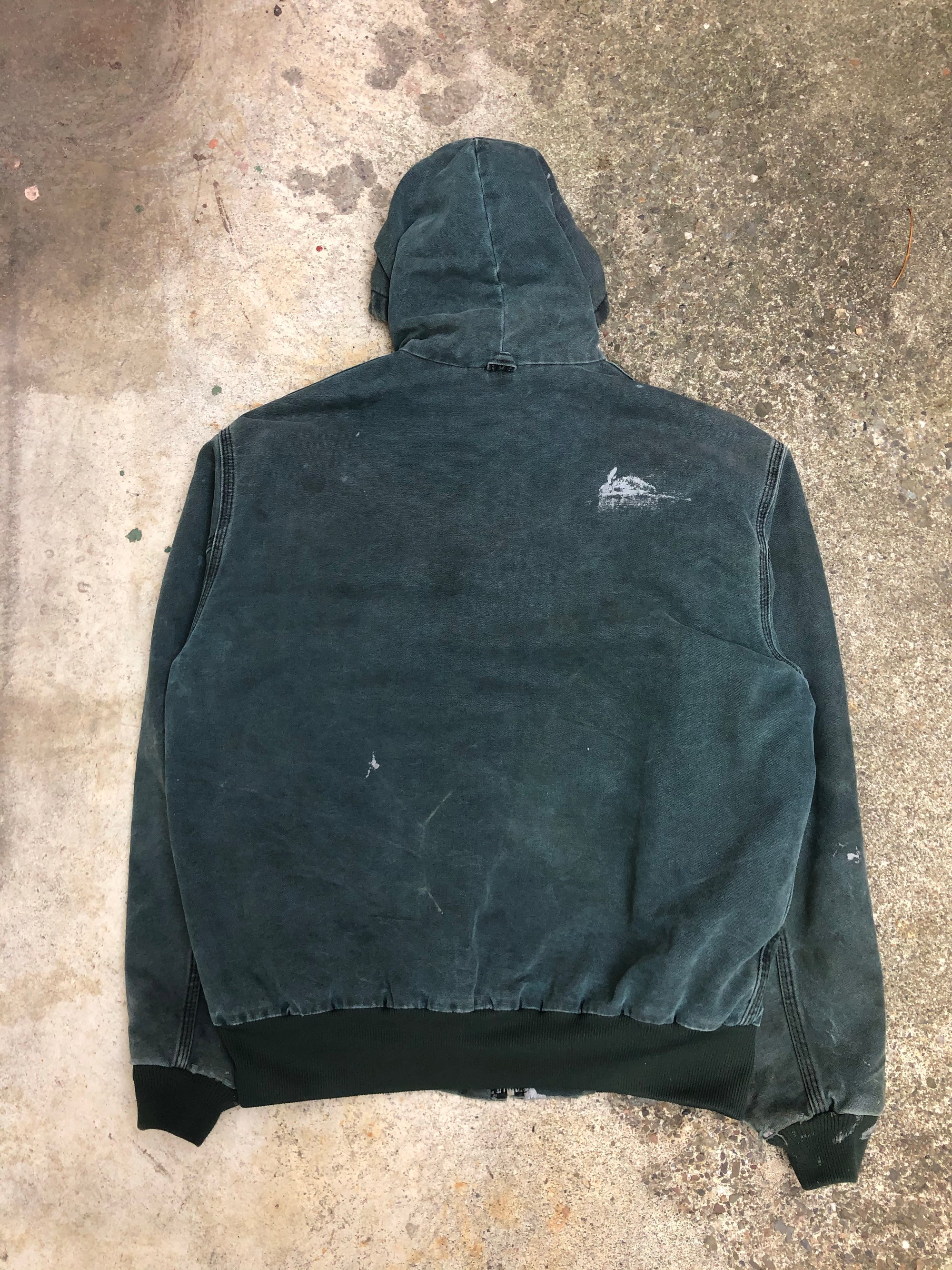 1990s Carhartt Painted Faded Teal Quilted Hooded Jacket (L)