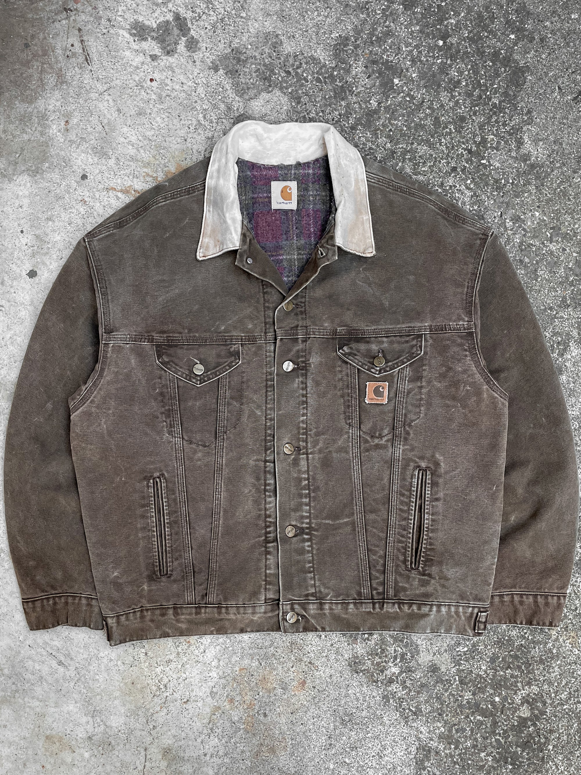 Vintage Carhartt Faded Chocolate Brown Lined Trucker Jacket (XL)