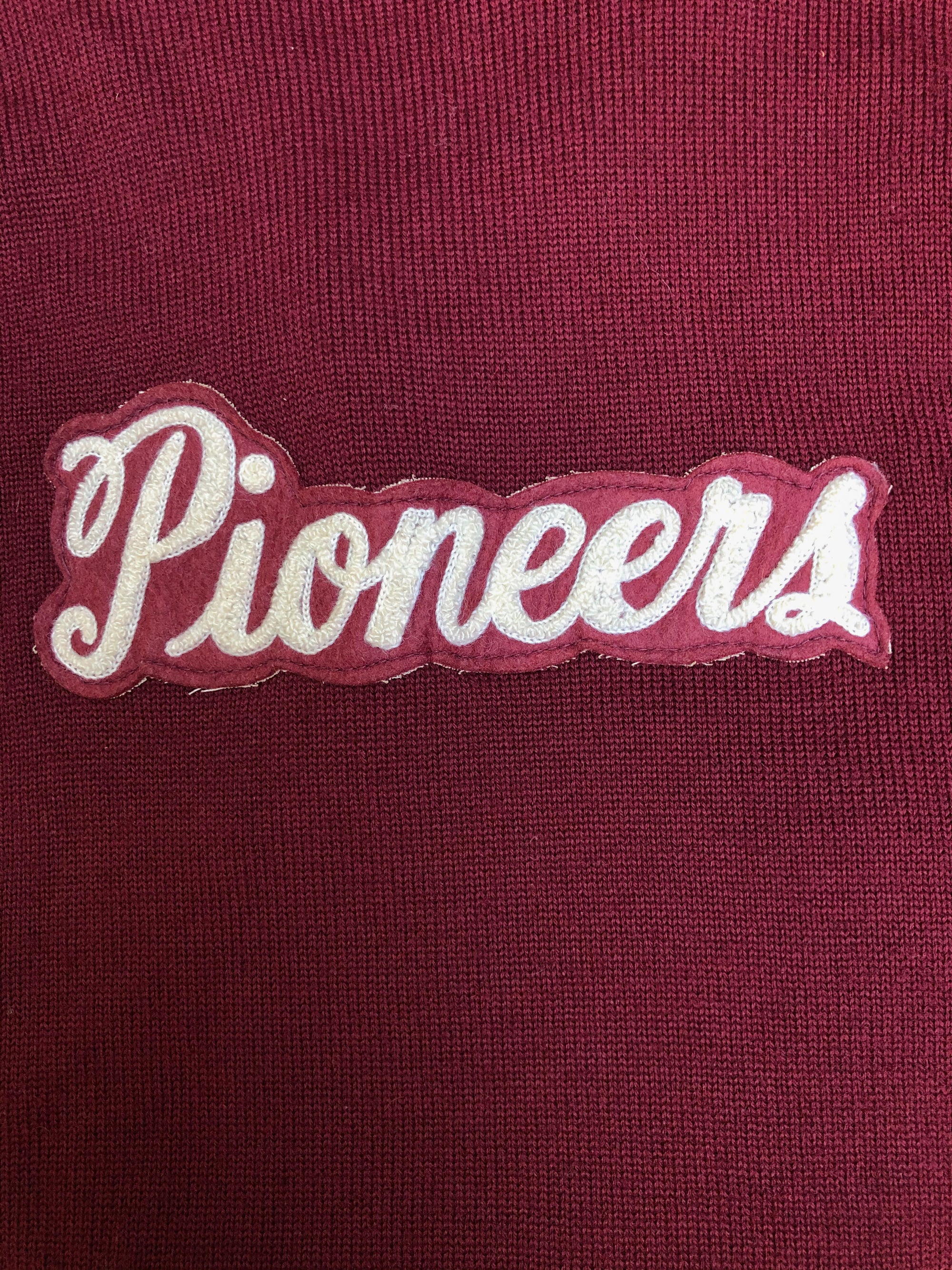 1980s Maroon Chain Stitch “Pioneers” Varsity Cardigan