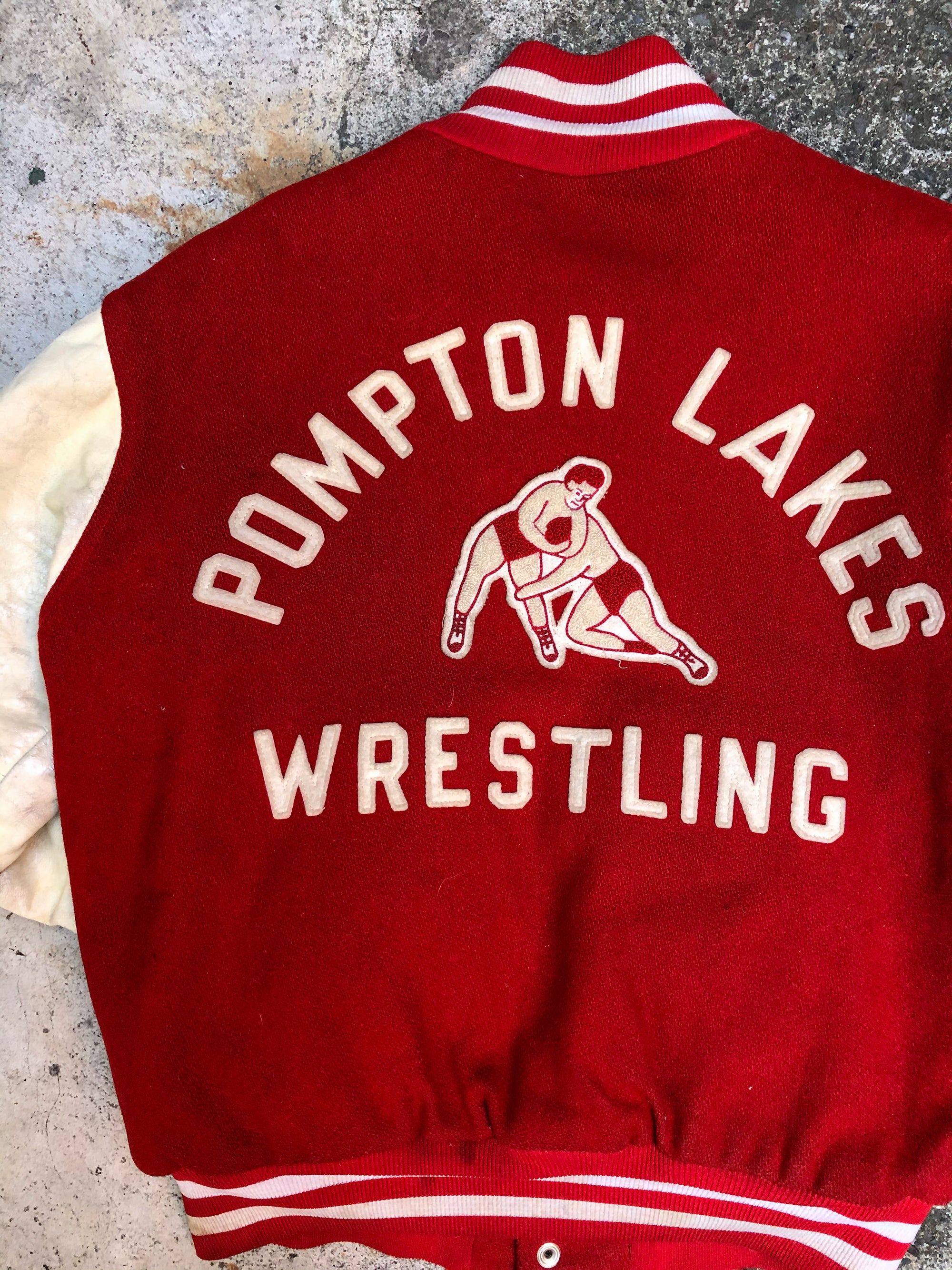 1980s Cherry Red Chain Stitch “Pompton Lakes Wrestling” Varsity Jacket (M)
