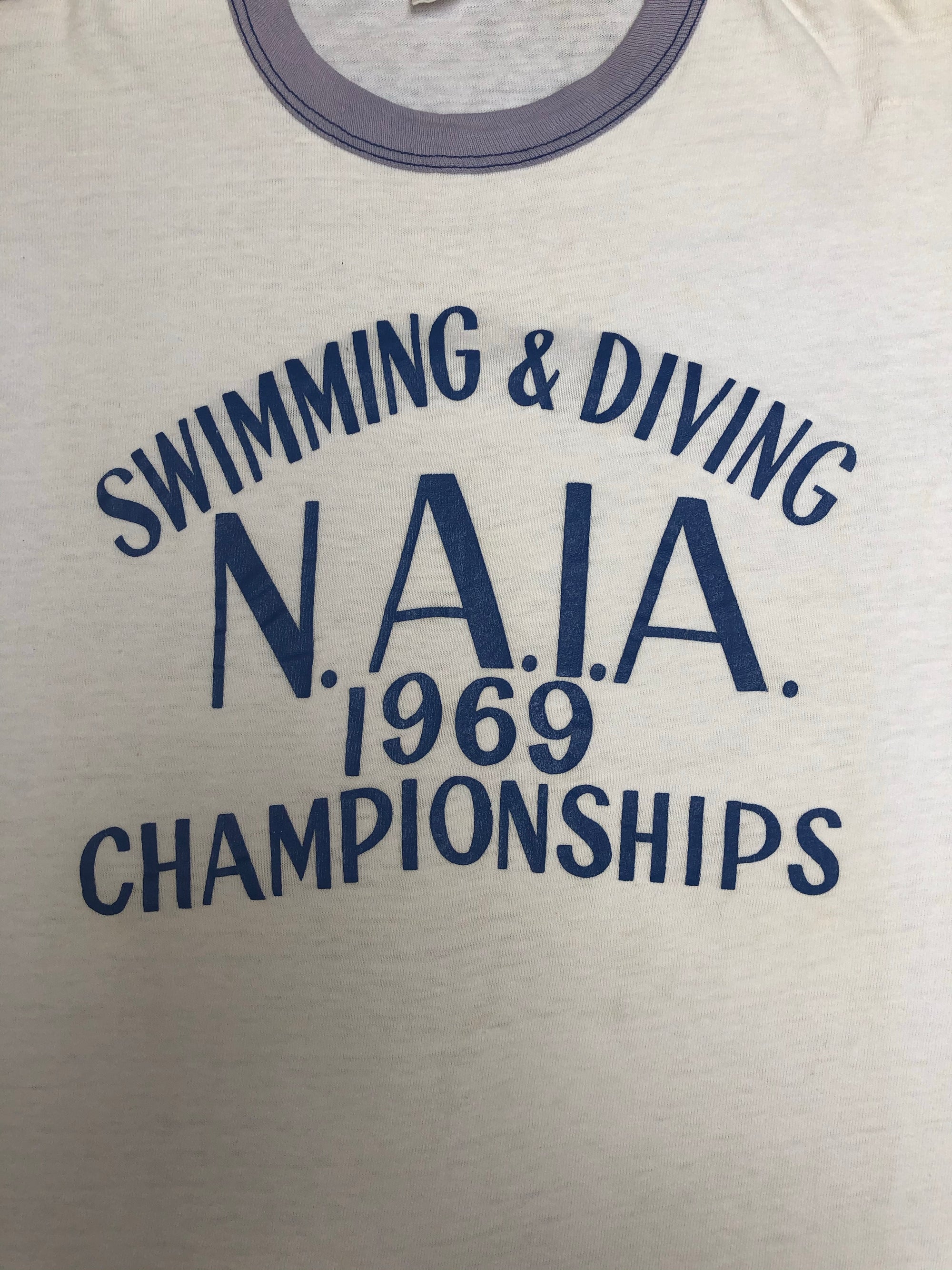 1969 Russell Sun Faded Blue “Swimming and Diving Championships” Ringer Tee