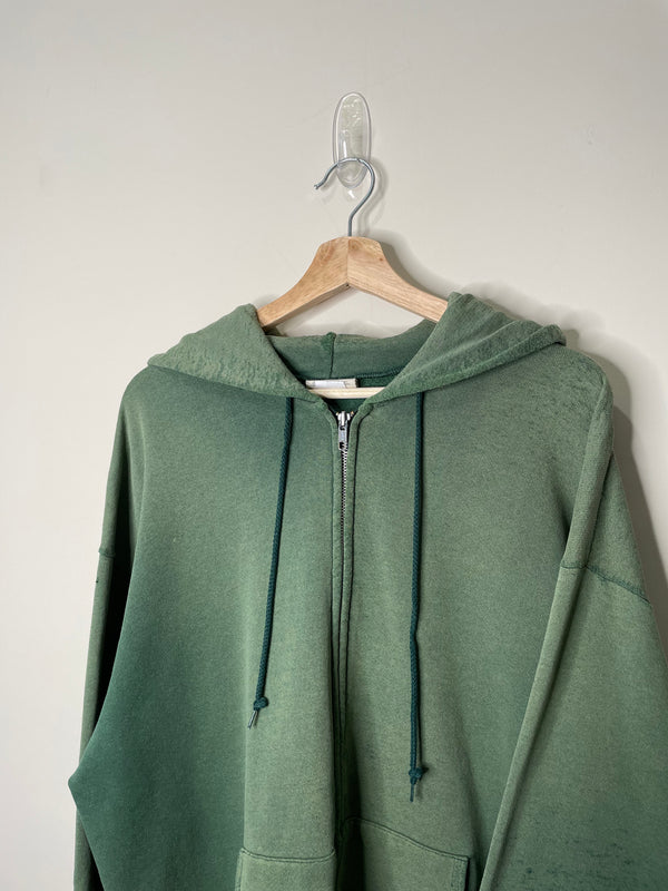 1990s Distressed Sun Faded Green Zip Up Hoodie (L)