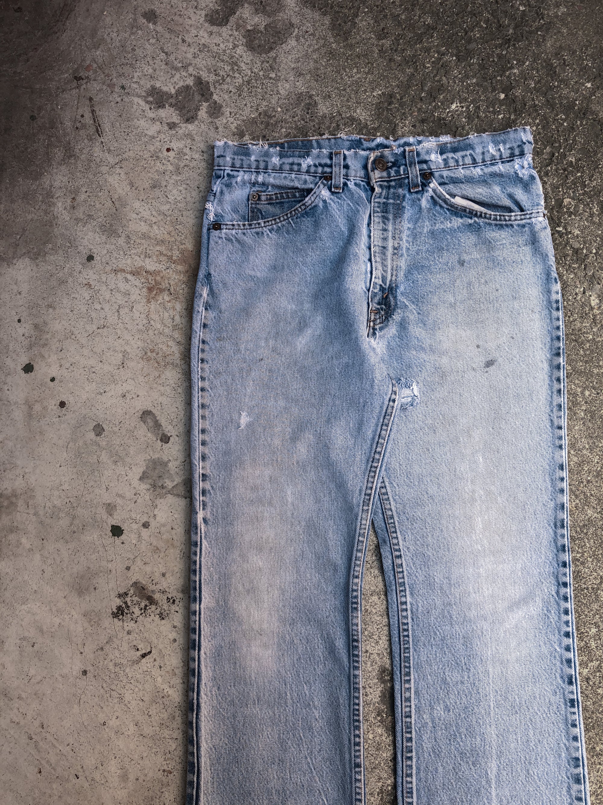 1970s Orange Tab Levis Distressed Faded Blue Flared Denim (31X30)