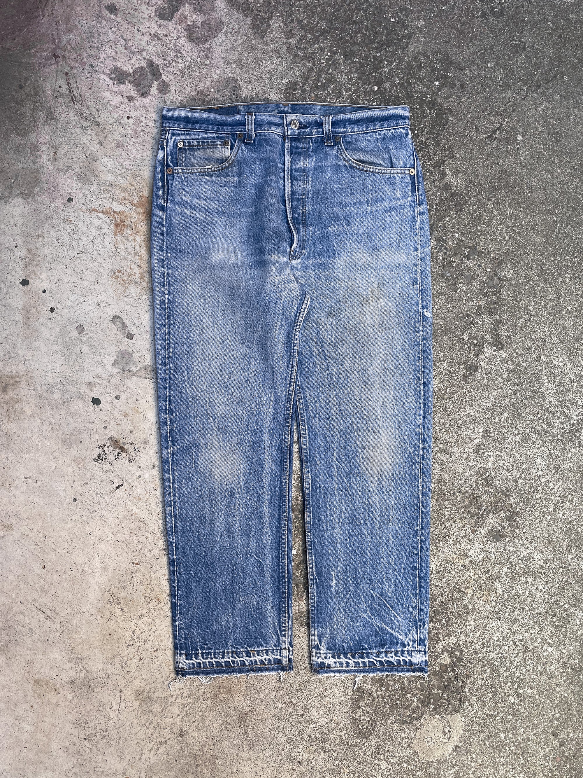 1990s Levi’s Repaired Faded Blue 501xx Released Hem (33X27)