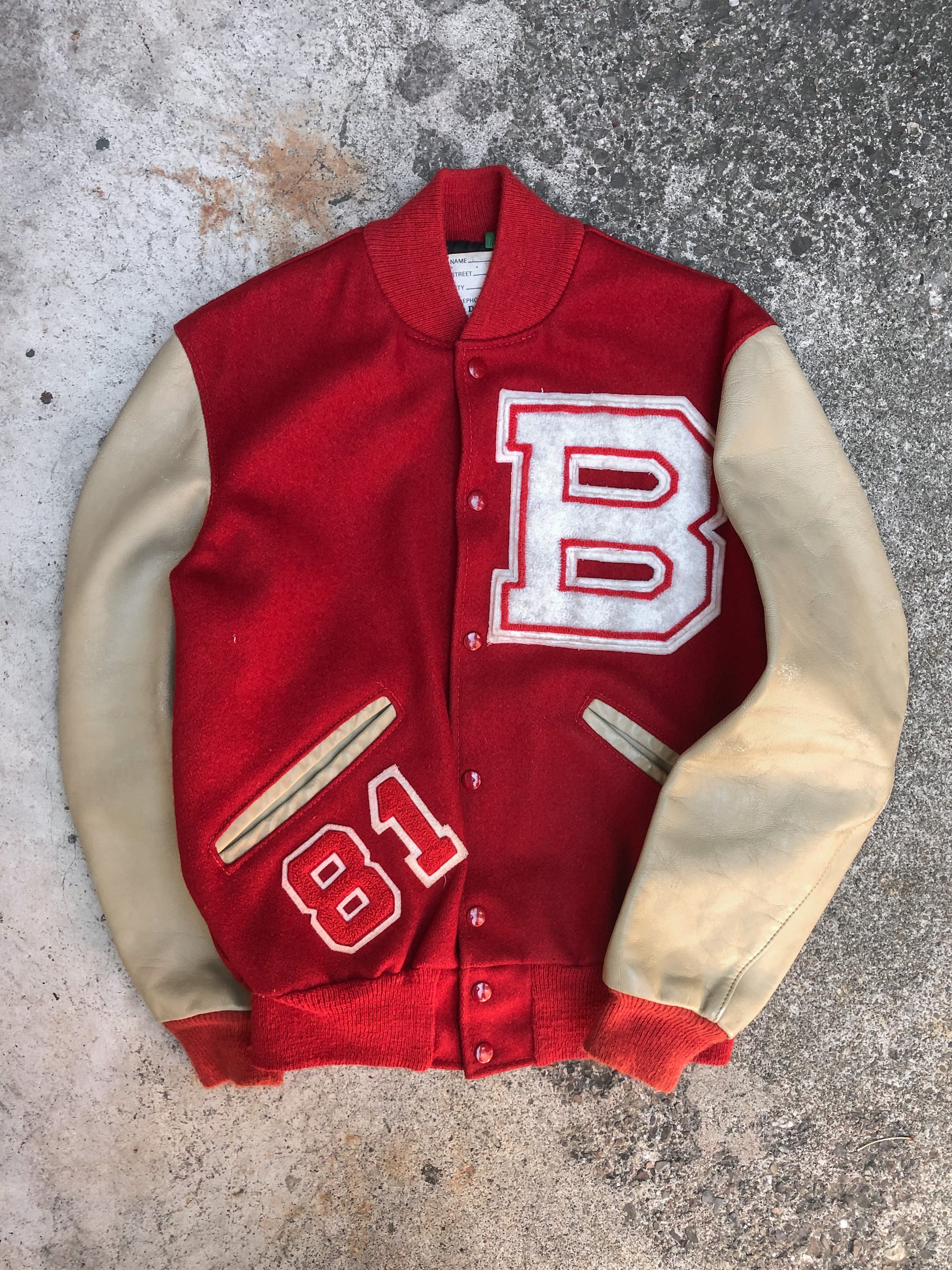 1980s Faded Red “Bronco” Chain Stitched Varsity Letterman Jacket