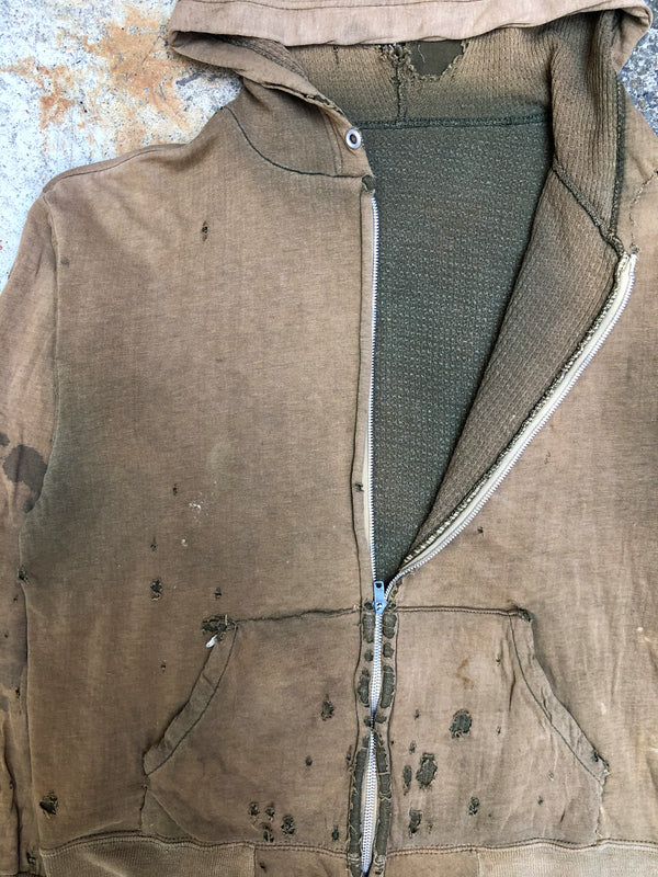 1950s/1960s Thrashed Sun Burnt Olive Thermal Zip Up Hoodie