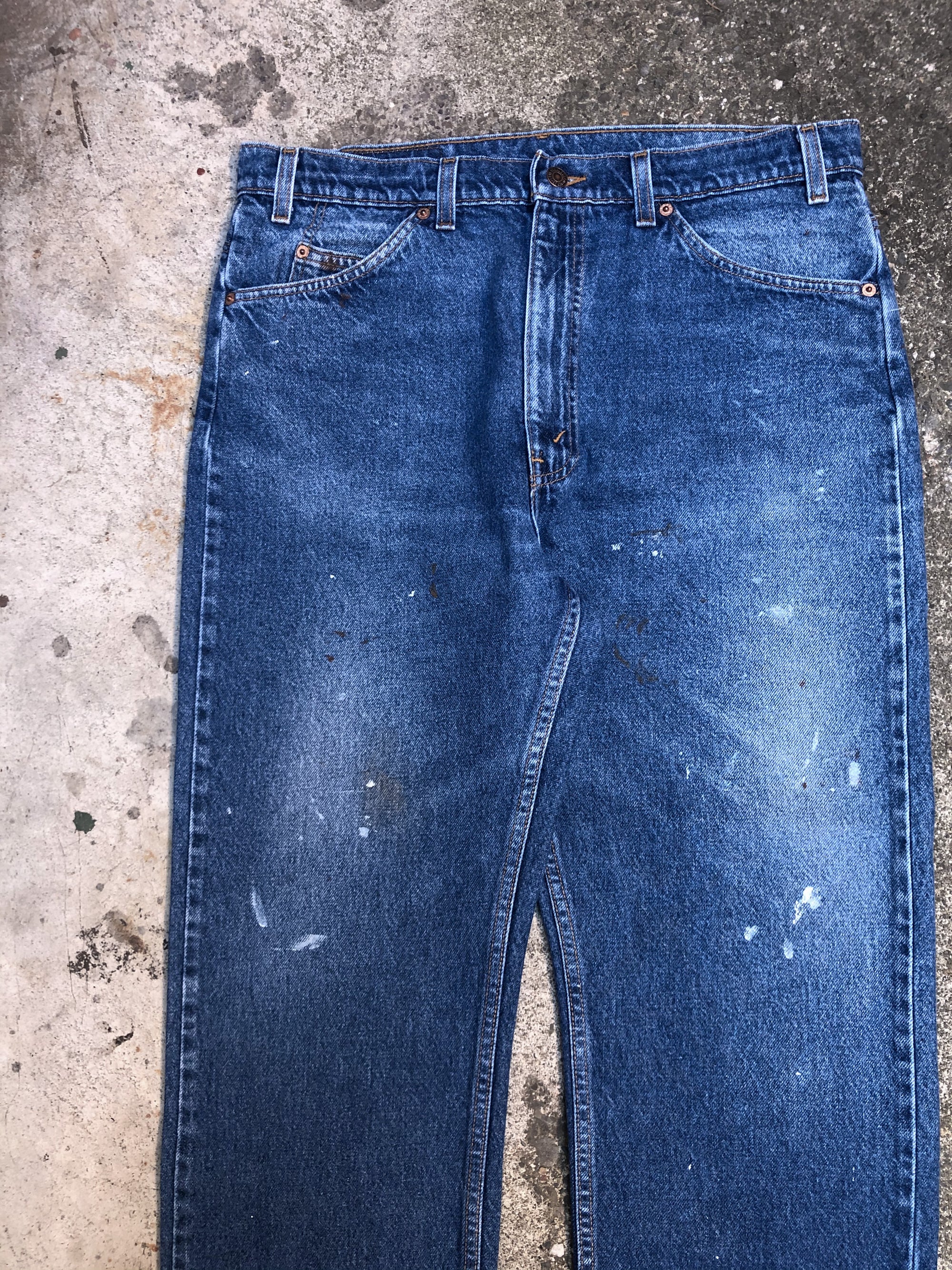 1990s Orange Tab Levis Painted Blue 505 Released Hem (36X27)