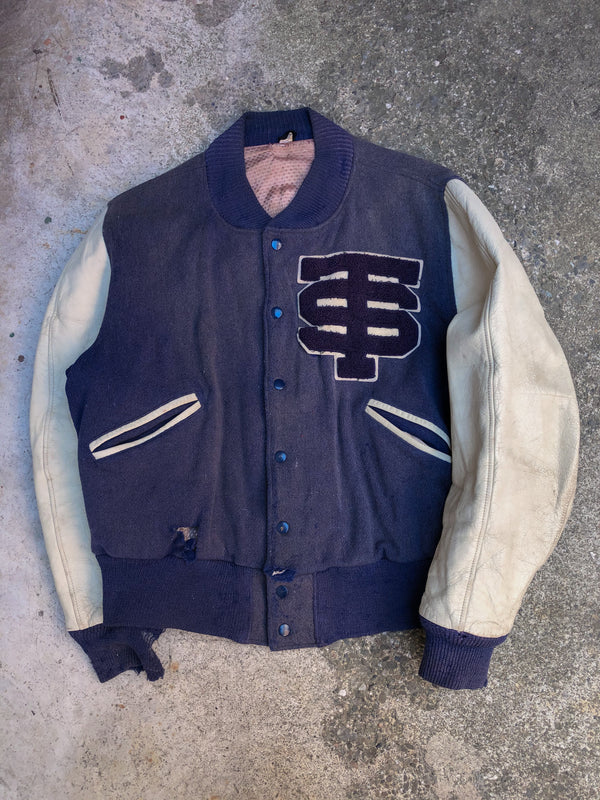 1950s Sun Faded Indigo “St Thomas” Varsity Letterman Jacket