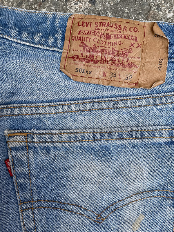 1990s Levi’s Painted Faded Dirty Blue 501XX Released Hem (31X29)