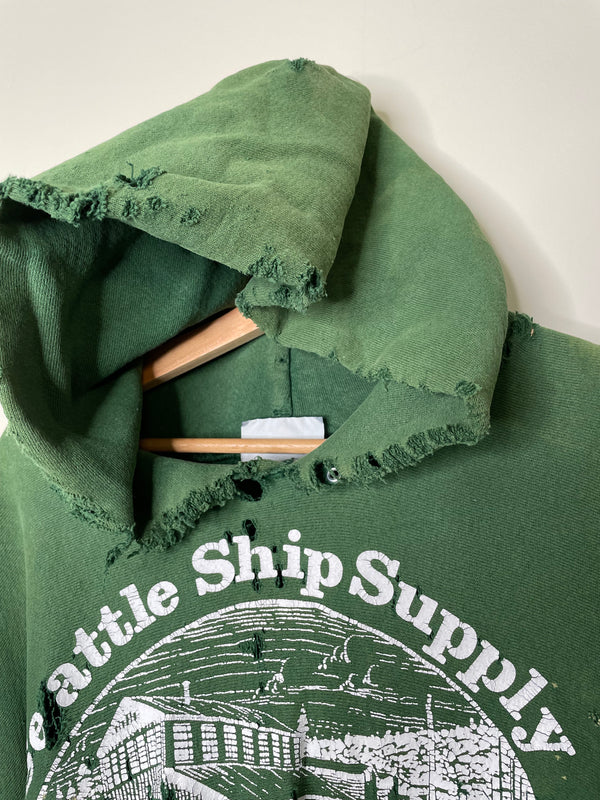 1990s Lee “Seattle Ship Supply” Thrashed Green Cut-Off Weave Hoodie