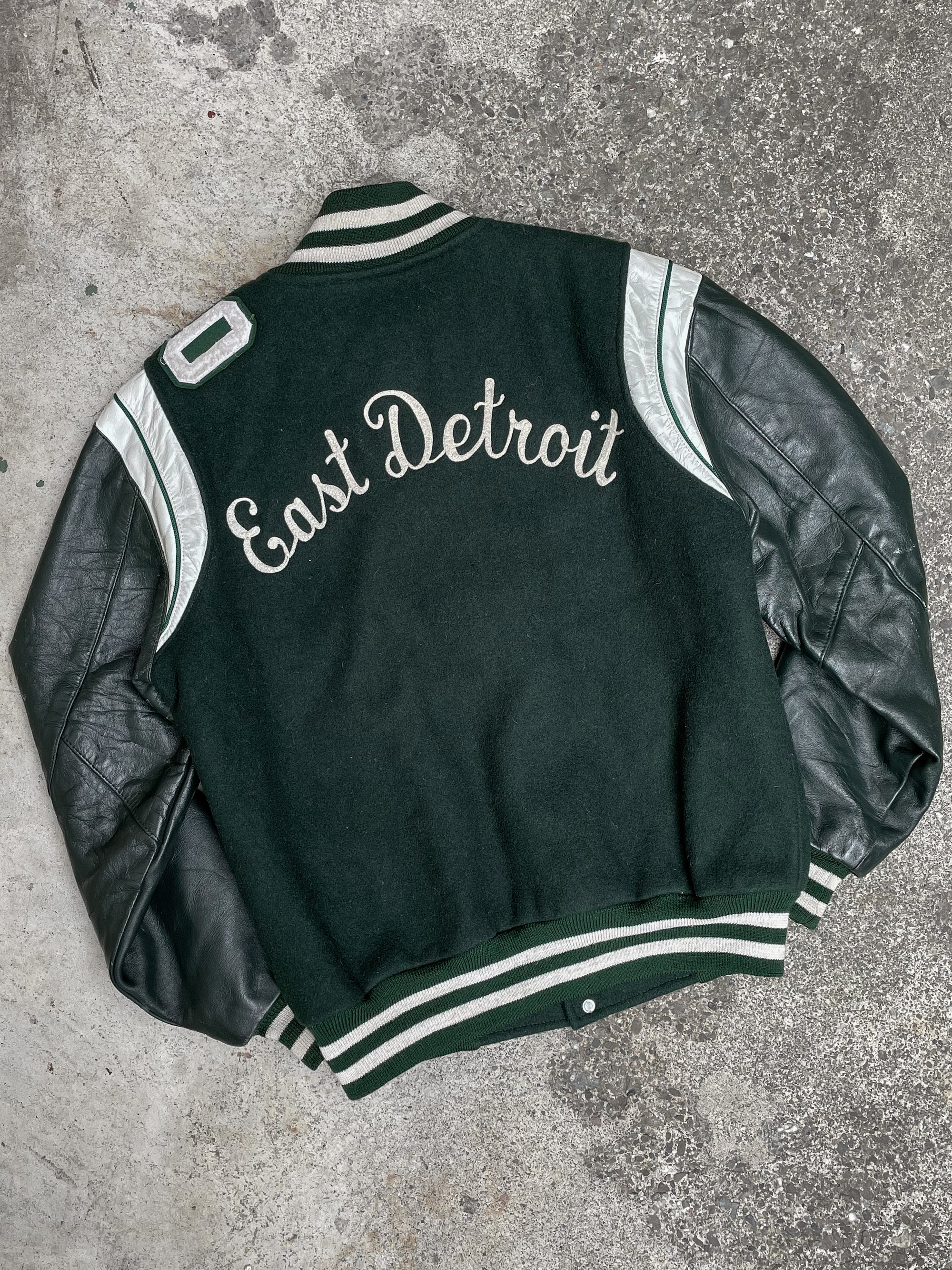 1990s “East Detroit” Forest Green Chain Stitched Leather Varsity Jacket (S/M)