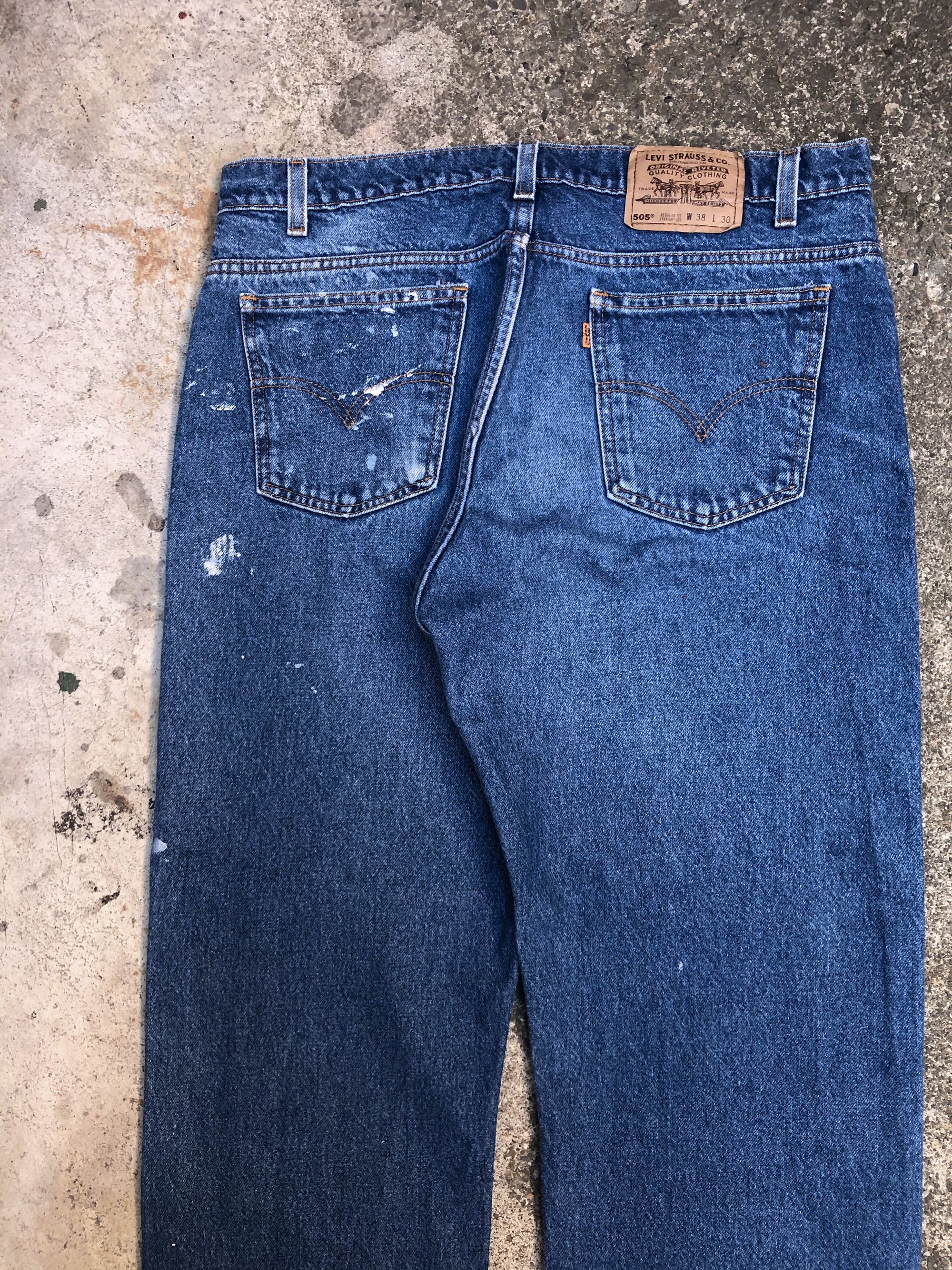 1990s Orange Tab Levis Painted Blue 505 Released Hem (36X27)