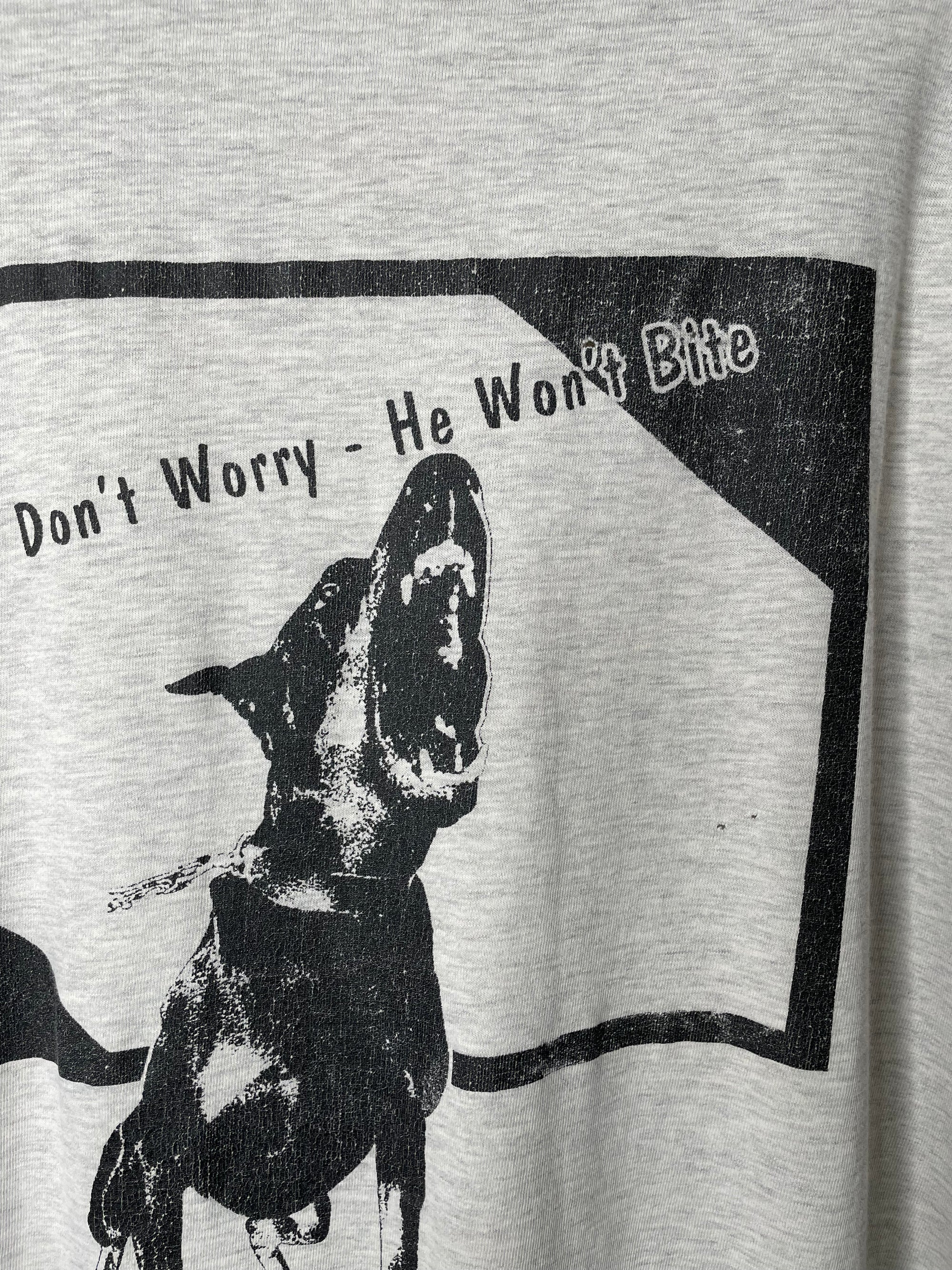 1990s “Oh, Don’t Worry … He Won’t Bite” Distressed Hanes Beefy Tee (XL)