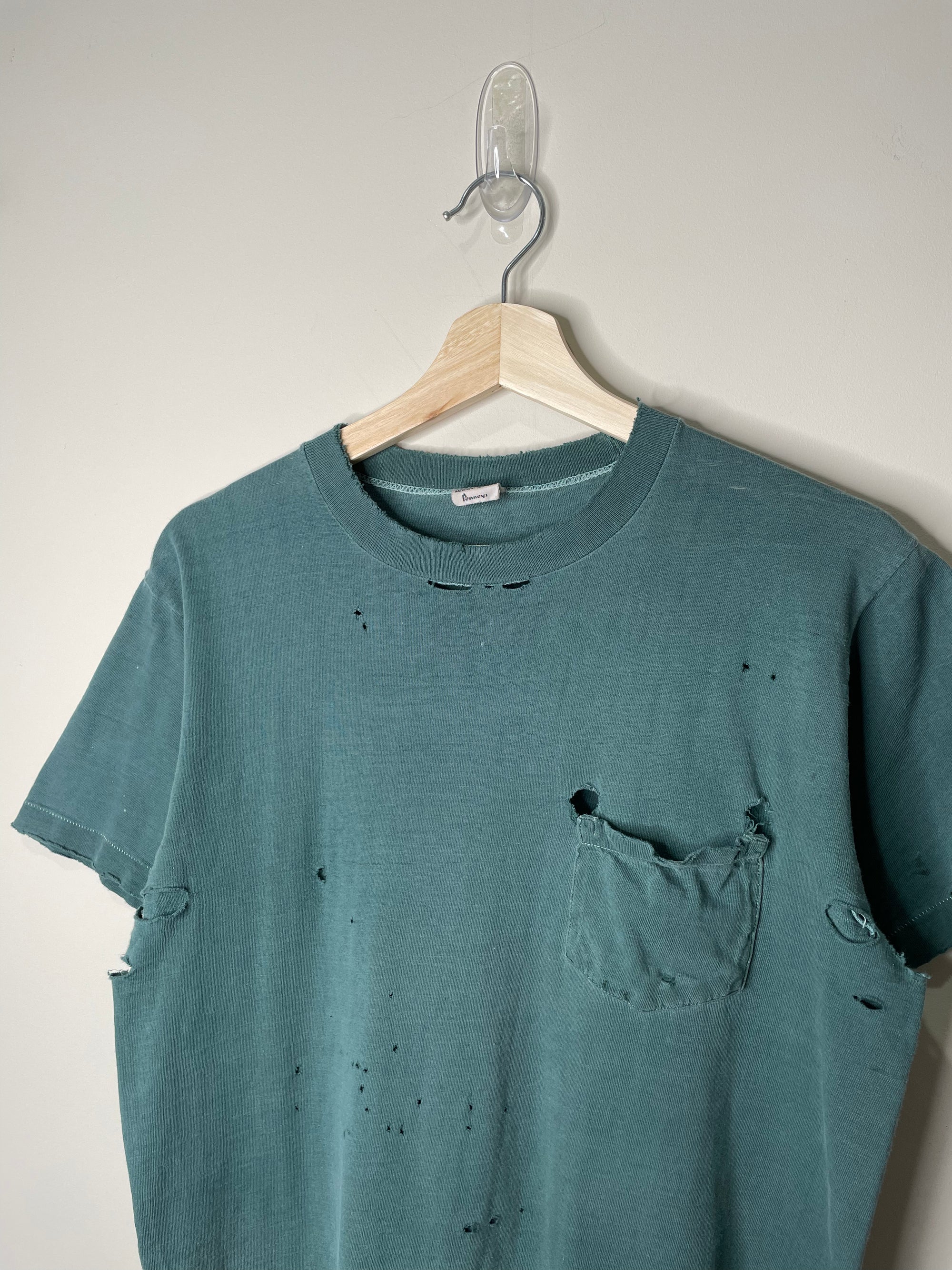 1960s Thrashed Faded Green Single Stitched Pocket Tee (M)