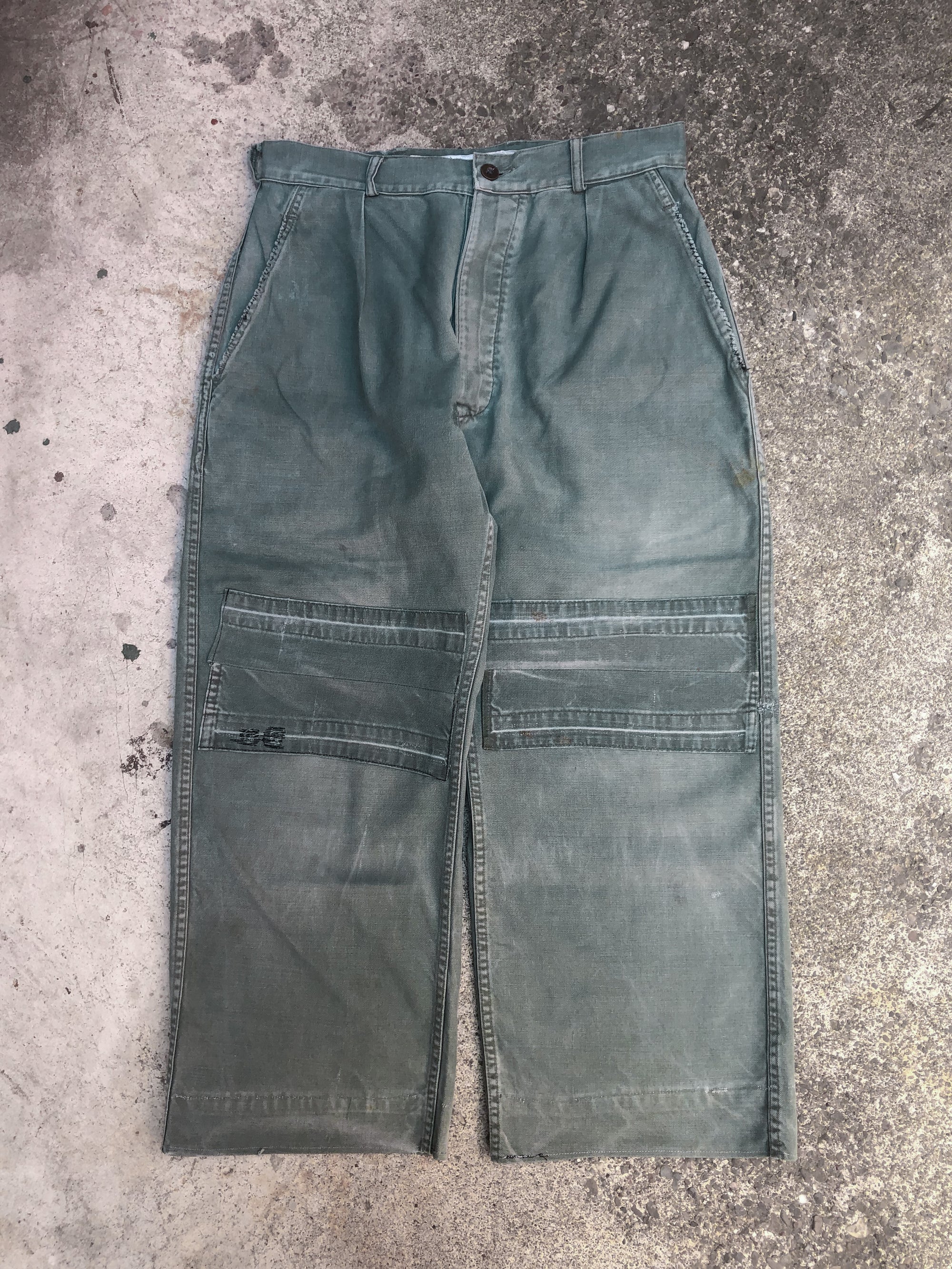 1950s Algerian War Era Repaired Faded Green French Work Pants (30X26)