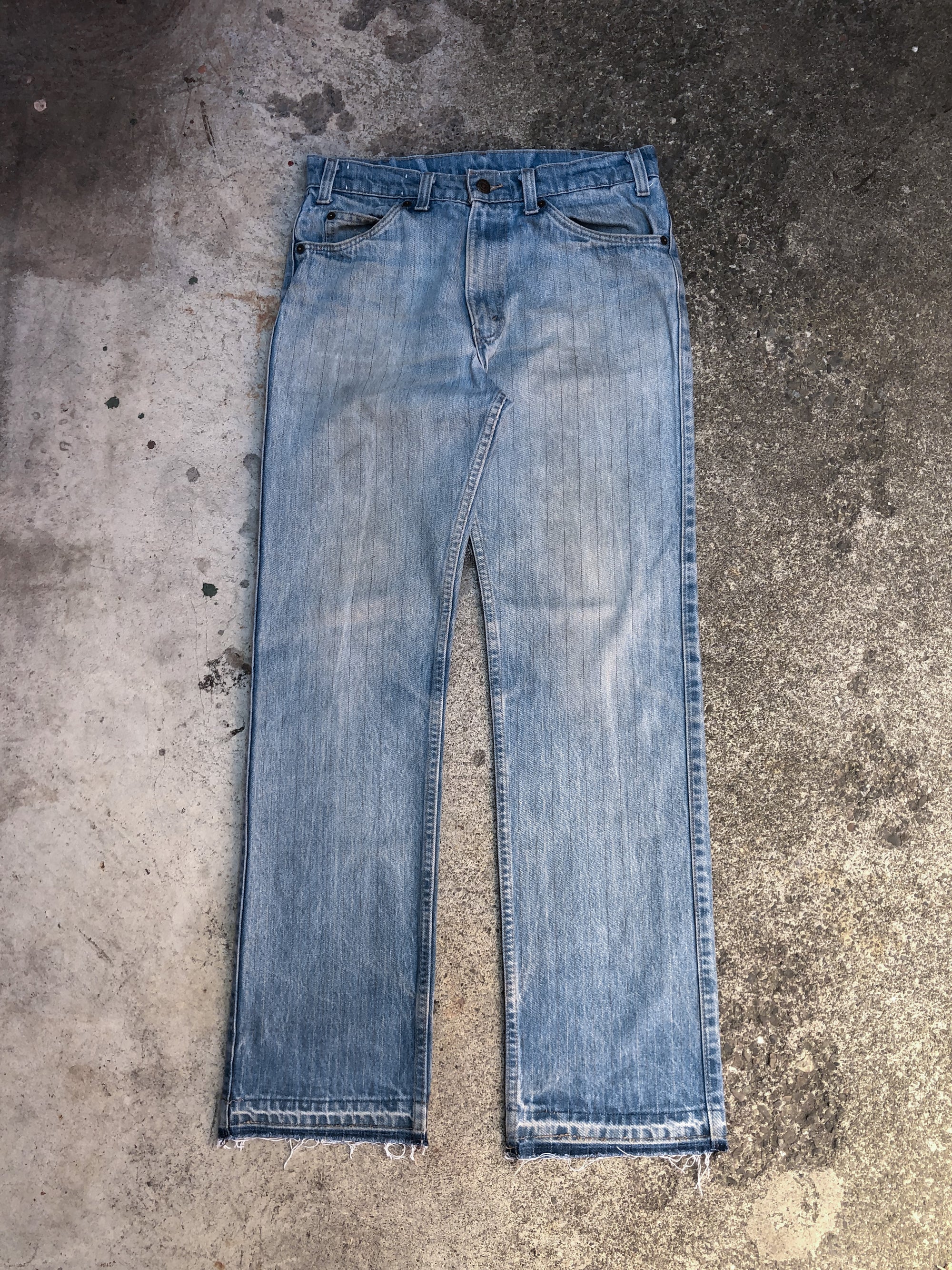 1970s Levis Skosh Faded Striped Blue Denim Released Hem (31X31)