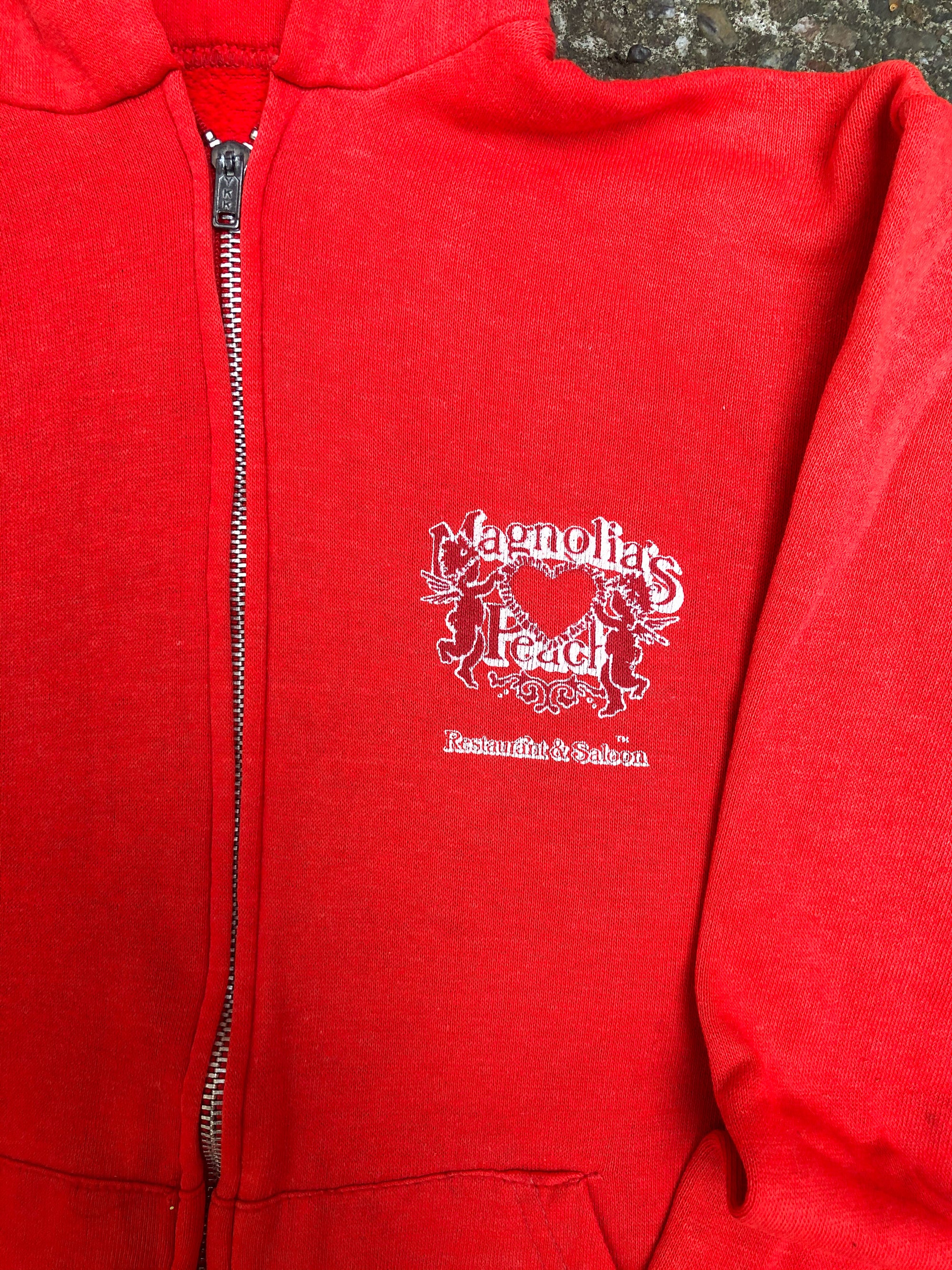 1980s Cherry Red “Magnolia’s Peach” Zip Up Hoodie