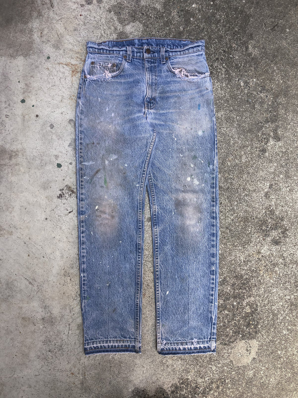 1980s Levis Painted Faded Blush Blue 505 Released Hem (30X29)