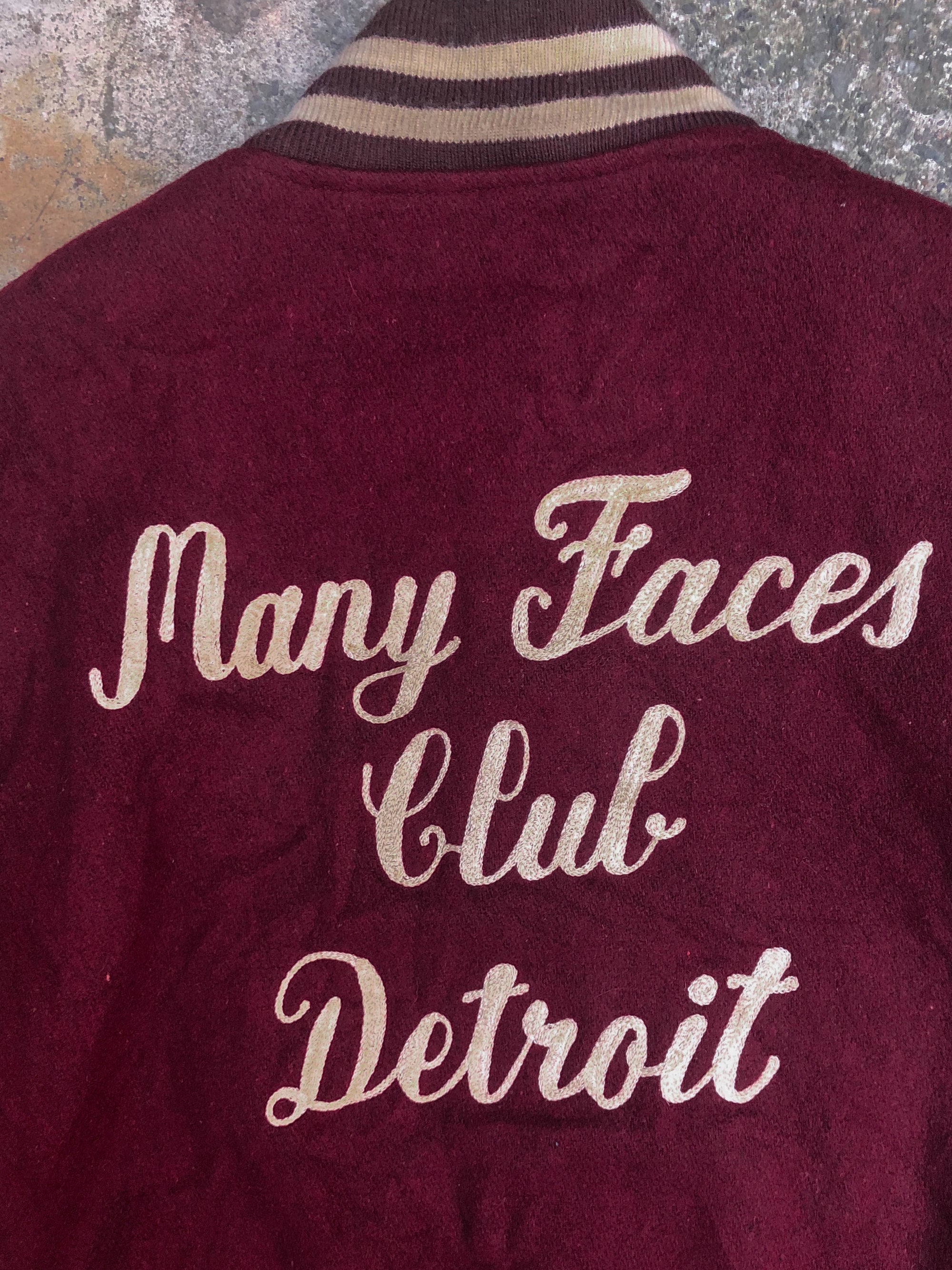 1980s/90s Maroon Chain Stitch “Many Faces Club” Leather Varsity Jacket