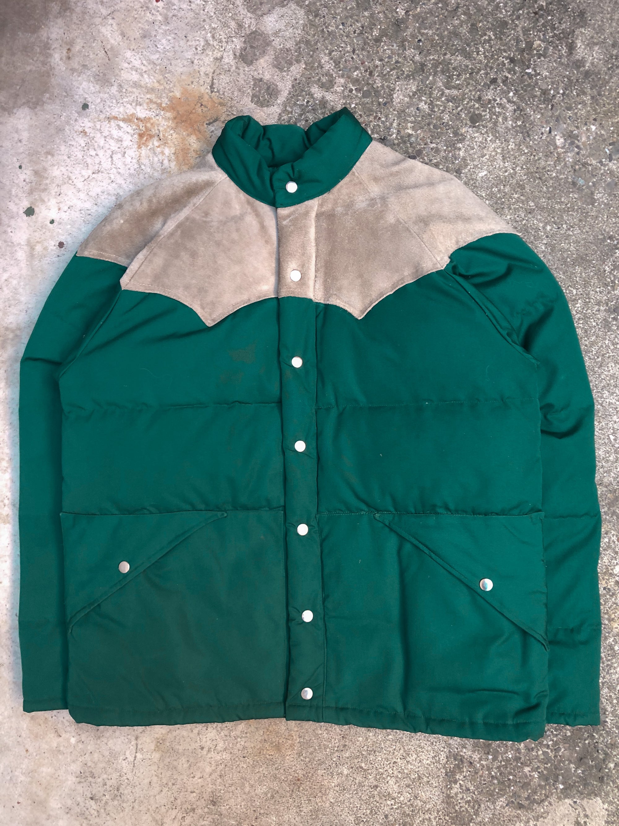 1970s Green Suede Duck Down Puffer Jacket