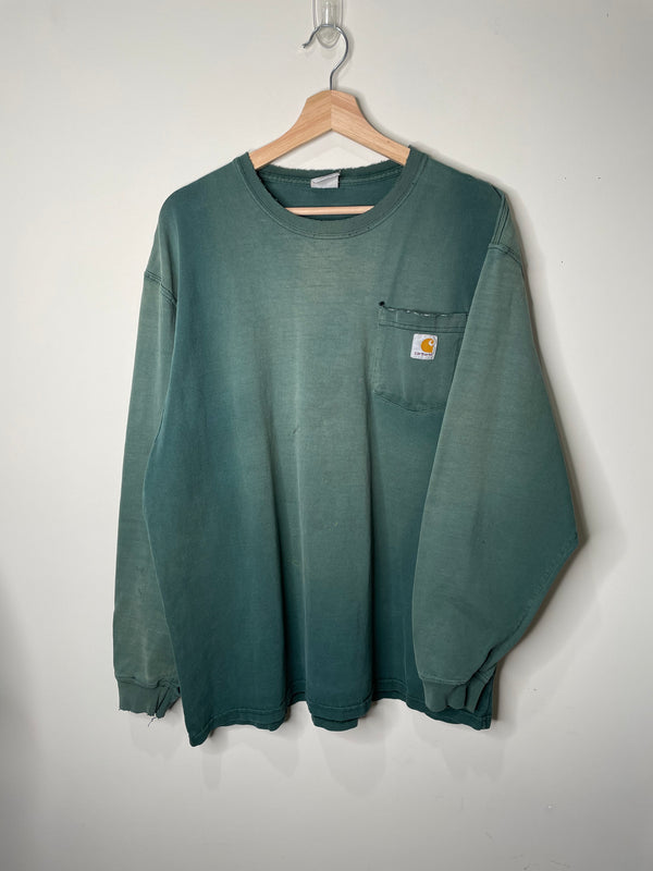 Carhartt Sun Faded Green Distressed Long Sleeve Pocket Tee (XL)