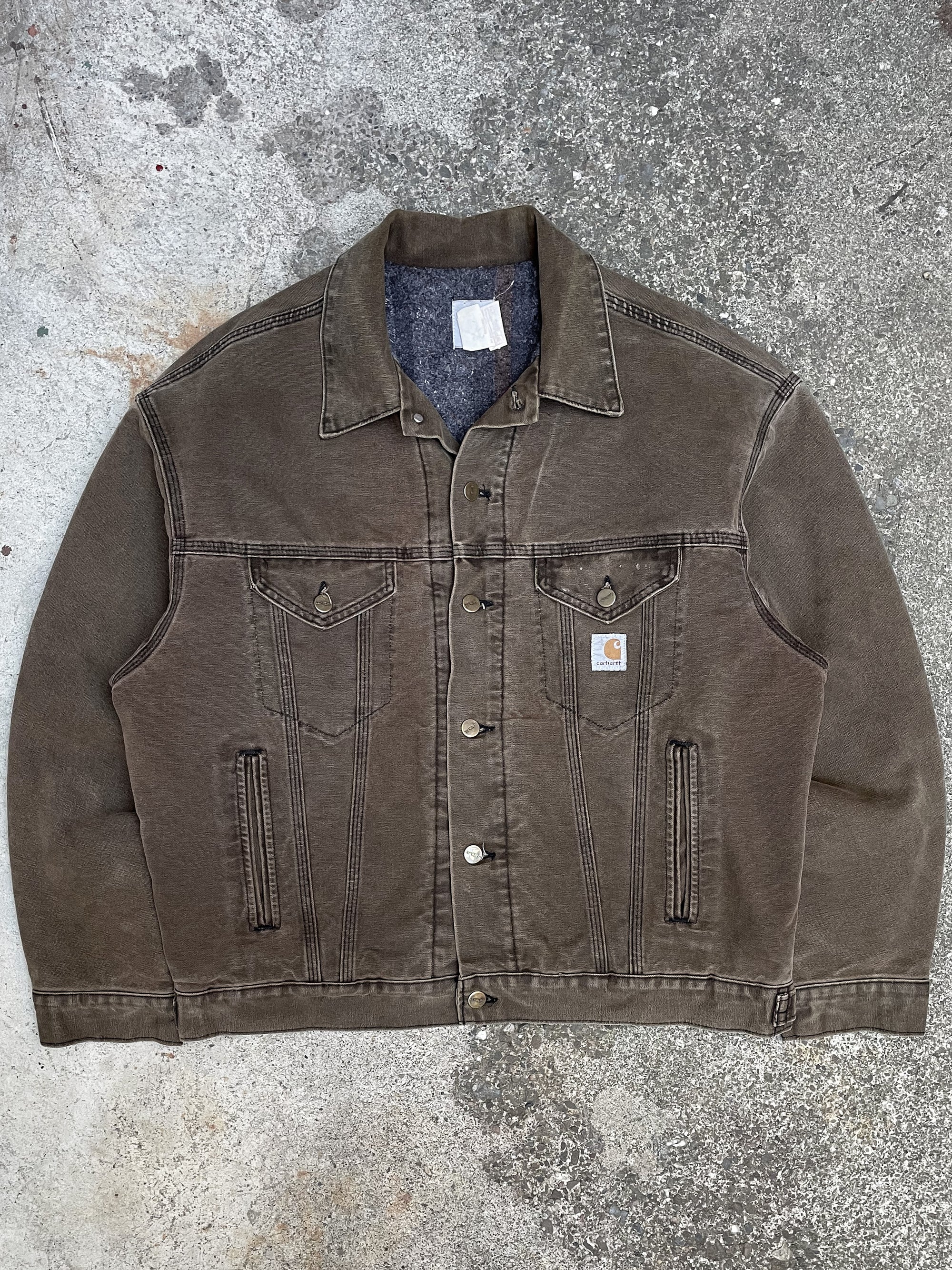 1990s Carhartt Faded Olive Brown Lined Trucker Jacket (L)