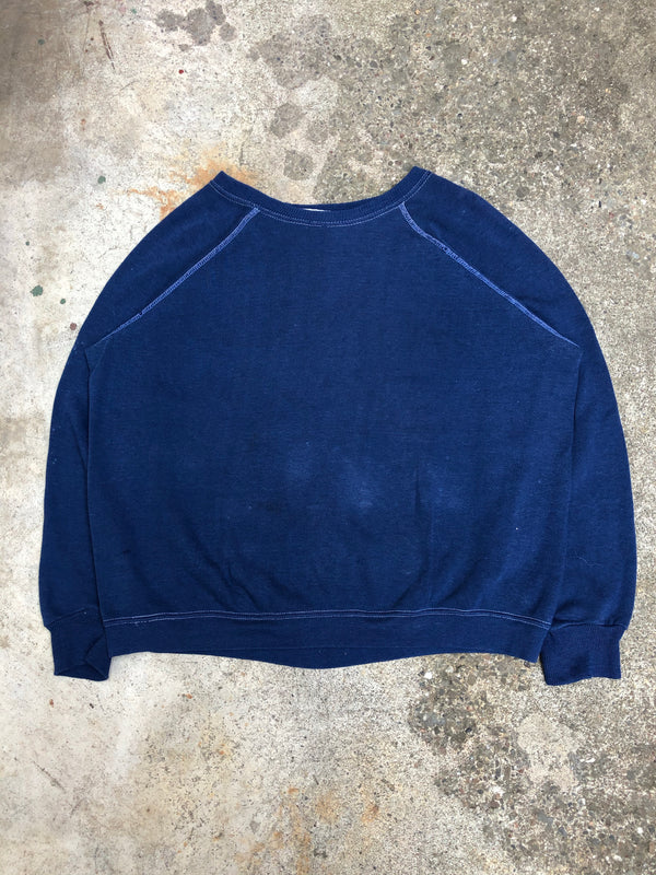 1970s Faded Blue Contrast Stitch Blank Raglan Sweatshirt