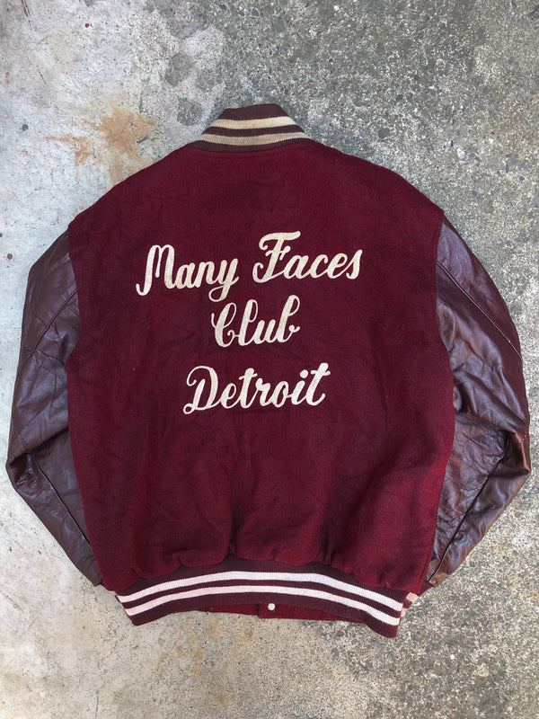 1980s/90s Maroon Chain Stitch “Many Faces Club” Leather Varsity Jacket