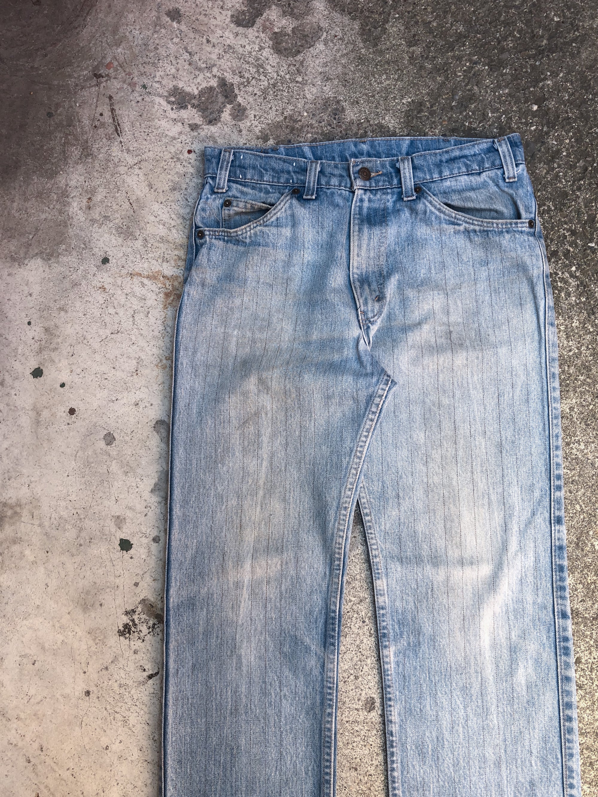 1970s Levis Skosh Faded Striped Blue Denim Released Hem (31X31)