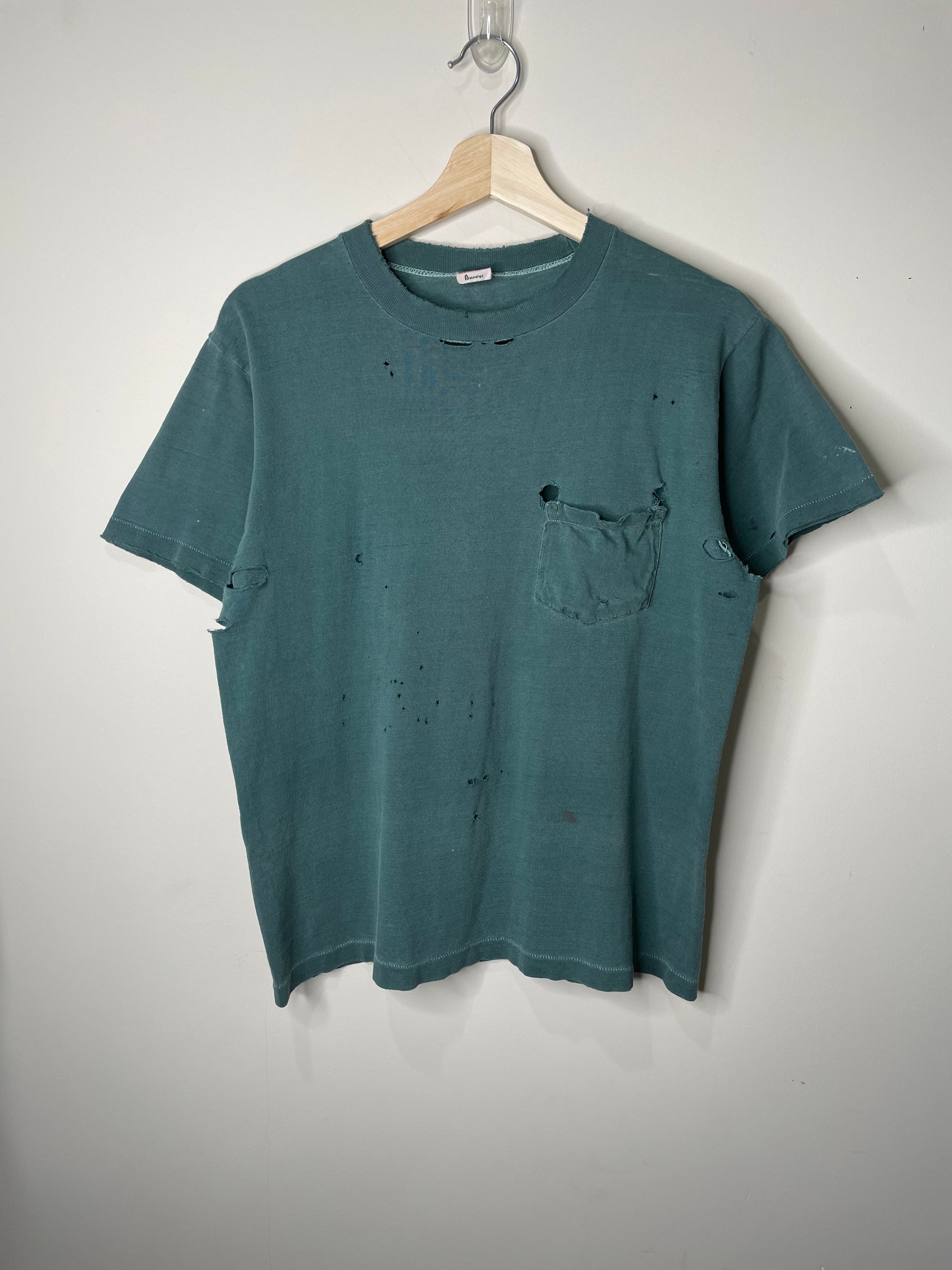 1960s Thrashed Faded Green Single Stitched Pocket Tee (M)