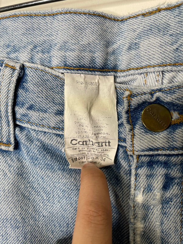 Carhartt B18 Patched Repaired Faded Blue Denim (37X33)